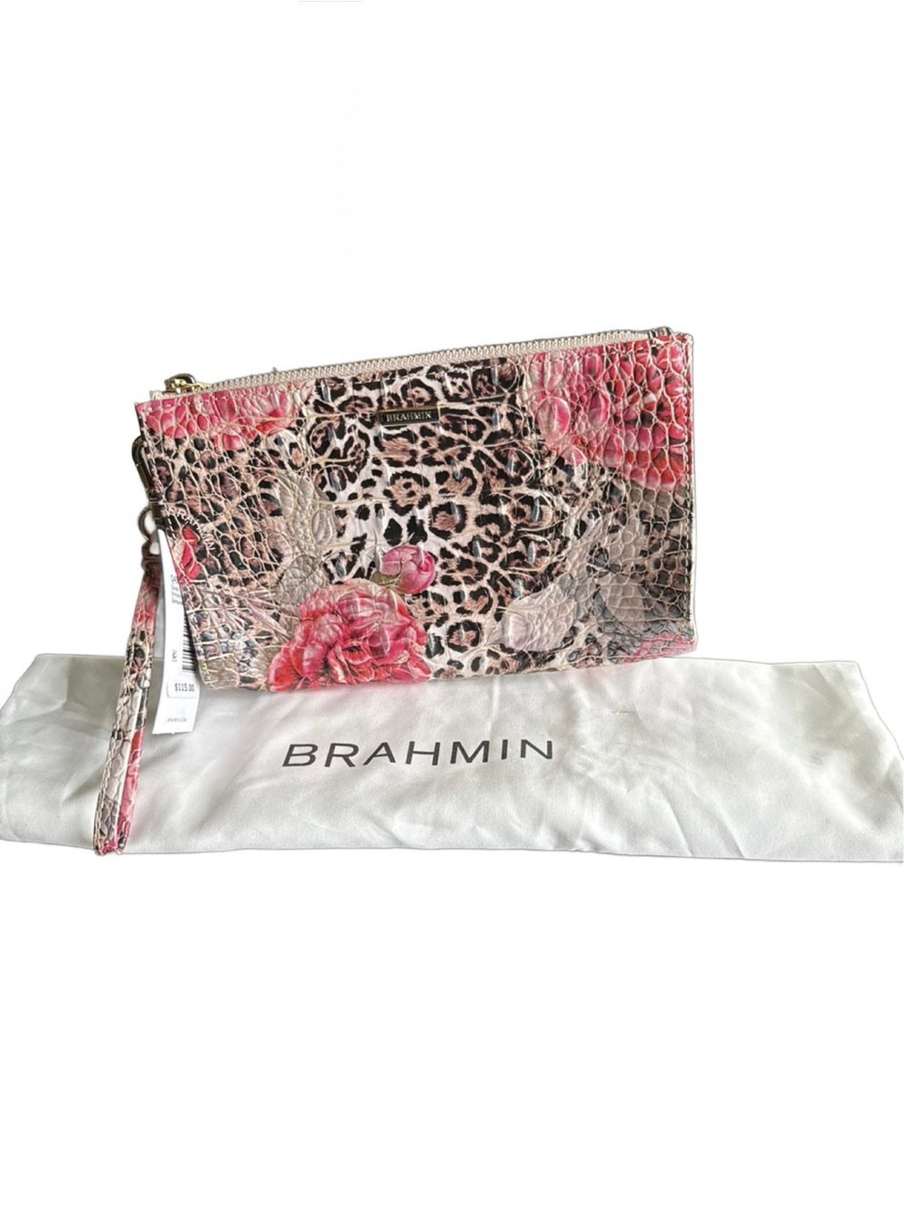 Brahmin Pink Floral Leopard-Print Croc-Embossed Wristlet